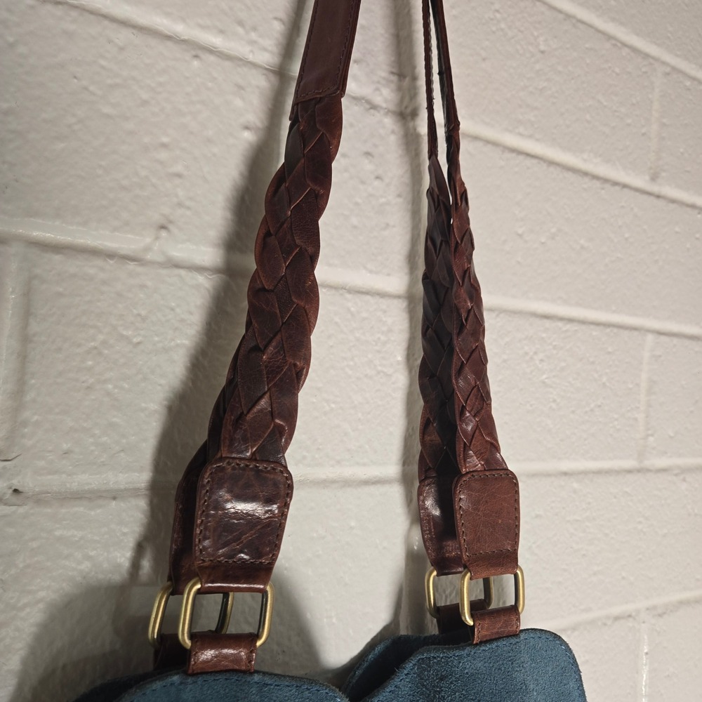 JOYN Blue Suede Tote Large Braided Leather Strap Boho Shoulder Bag - Picture 7 of 16